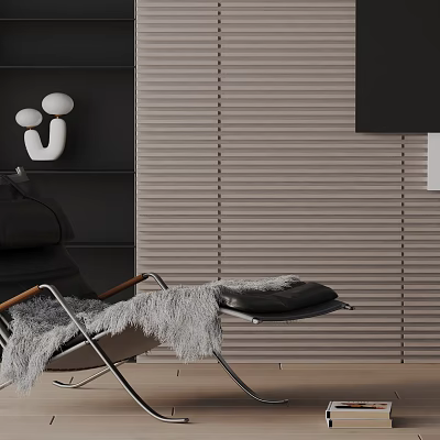 Modern Leisure Chair with Metal Frame Wooden Armrests Gray Fur Throw and Striped Wall 3d model