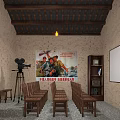 Vintage Cinema Interior With Old Film Projector Wooden Chairs And Retro Poster