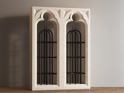 Elegant Carved Window With Double Arched Top White Frame And Black Grilles In Indoor Space 3d model