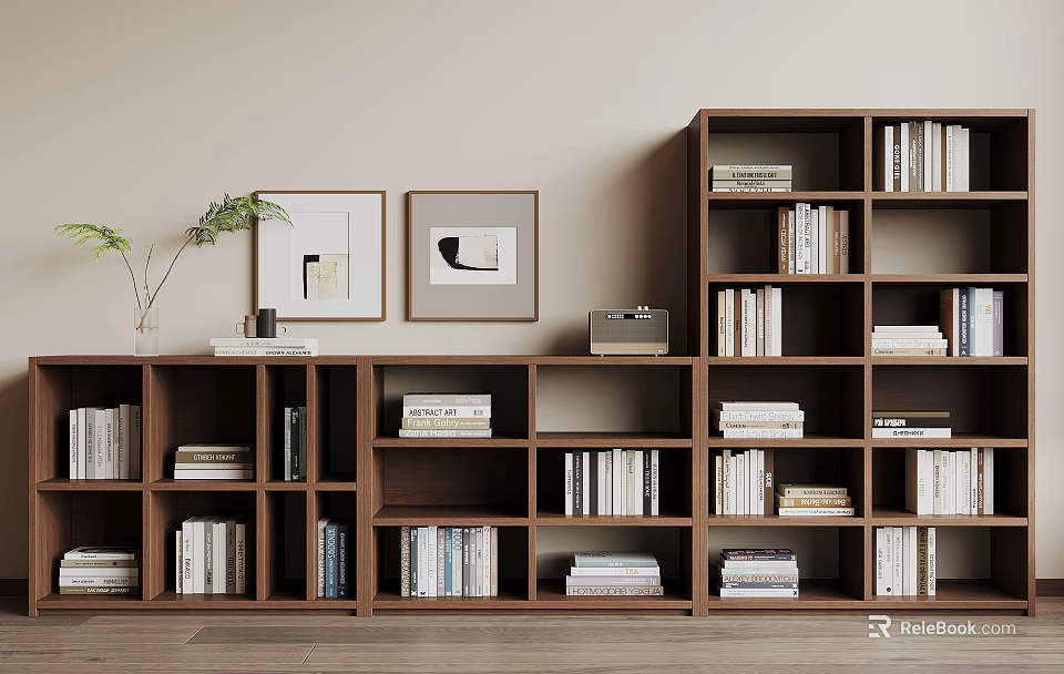Modern Wooden Bookshelves With Multiple Shelves Filled With Books And Decor Items 3d model 