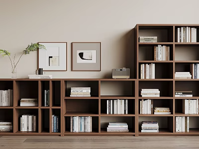 Modern Wooden Bookshelves With Multiple Shelves Filled With Books And Decor Items 3d model
