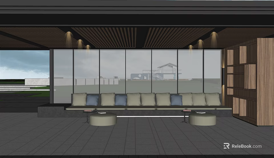 Modern Garden Landscape With Glass Curtain Wall Seating Bench And Wooden Ceiling 3d model 