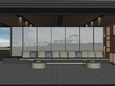 Modern Garden Landscape With Glass Curtain Wall Seating Bench And Wooden Ceiling 3d model