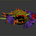 3D Rendered Weapon with Spiral Shaped Red Spike Top Yellow Orange Gradient Purple Pink Flowers