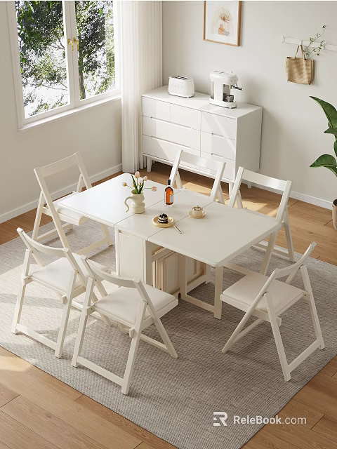 Minimalist White Dining Table And Chairs Set With Decorative Items In Bright Living Room 3d model 