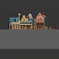 Cartoon Town Scene With Colorful Buildings Green Lawn Benches And Street