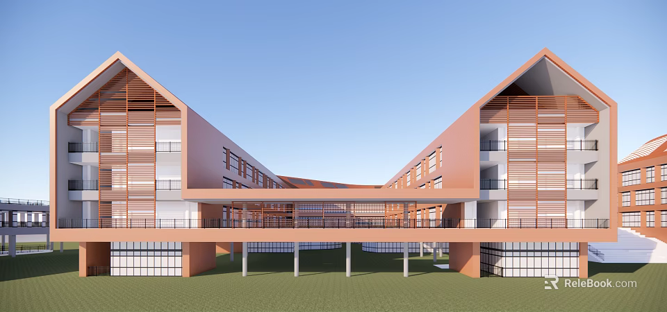 Modern Orange School Building With Connected Wings Open Corridors And Green Lawn 3d model 
