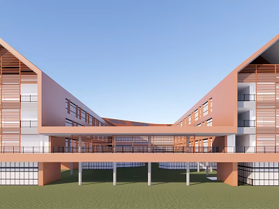 Modern Orange School Building With Connected Wings Open Corridors And Green Lawn 3d model