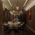 Elegant Private Dining Room With Round Dining Table Red Accent Wall And Decorative Artwork 3d model