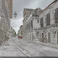 Historic Buildings Along Cobblestone Street With Old Cart Bicycle And Green Plants