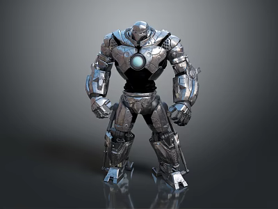 Game Movie Character Metallic Robot Featuring Glowing Blue Core And Mechanical Armor Design 3d model
