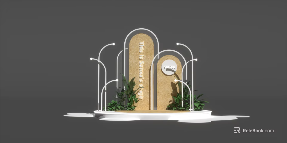 Stage with Brown Board The Future of Business White Curved Structures Green Plants White Lights 3d model 