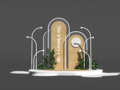 Stage with Brown Board The Future of Business White Curved Structures Green Plants White Lights 3d model