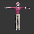 Pink Haired Blue Eyed Character in Pink Shirt Beige Pants Arms Outstretched on Gray Background