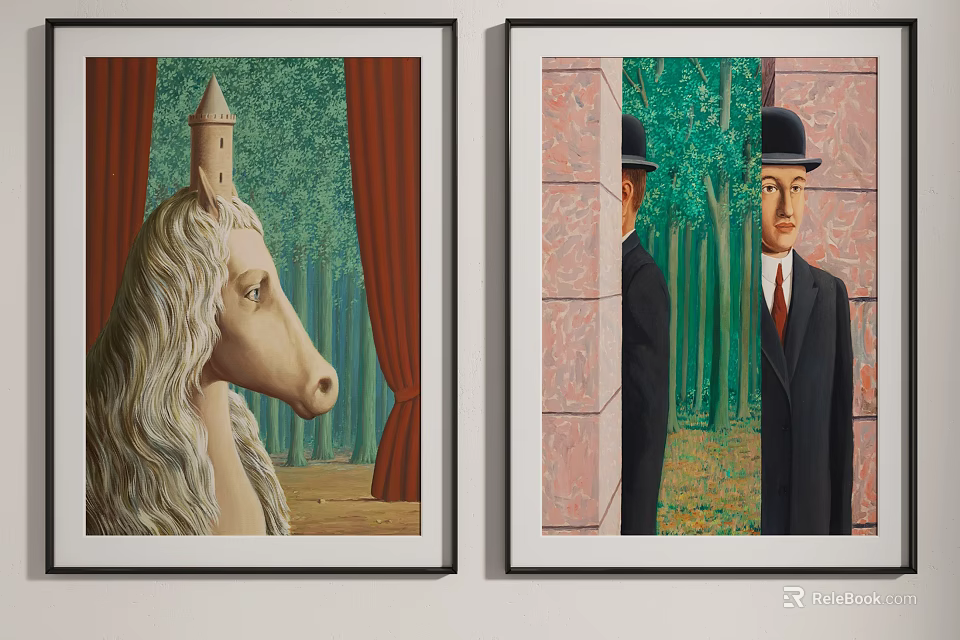 Surrealist Paintings With Horse Head Figure Red Curtains And Bowler Hat Men In Forest 3d model 