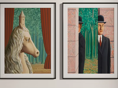 Surrealist Paintings With Horse Head Figure Red Curtains And Bowler Hat Men In Forest 3d model