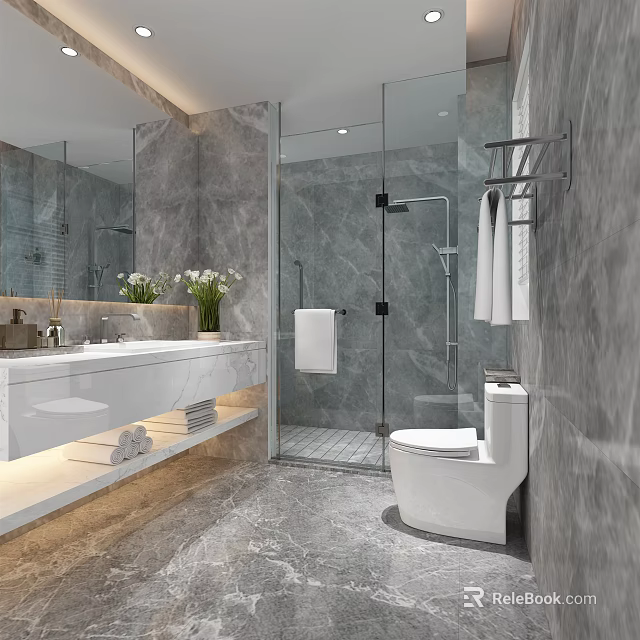 Modern Minimalist Bathroom With Marble Textured Walls Floating Vanity And Clear Glass Shower Enclosure 3d model 