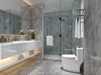 Modern Minimalist Bathroom With Marble Textured Walls Floating Vanity And Clear Glass Shower Enclosure 3d model