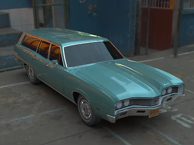 Vintage Teal Station Wagon Car With Metallic Finish In Outdoor Parking Lot 3d model