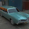 Vintage Teal Station Wagon Car With Metallic Finish In Outdoor Parking Lot