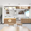 Modern Restaurant Interior With Open Kitchen Wooden Counter Menu Screens And Dining Tables
