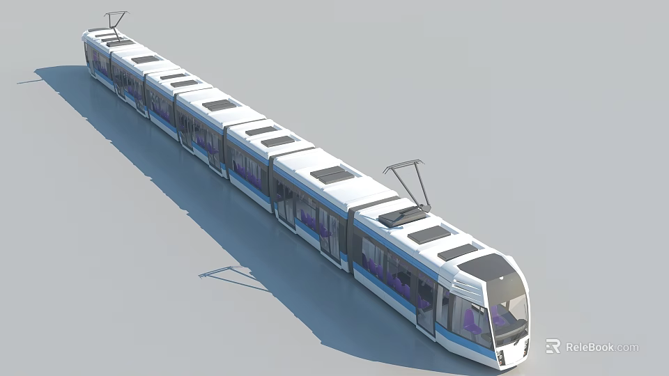 Modern Electric Tram With Multiple Carriages Roof Pantographs And Passenger Seats 3d model 