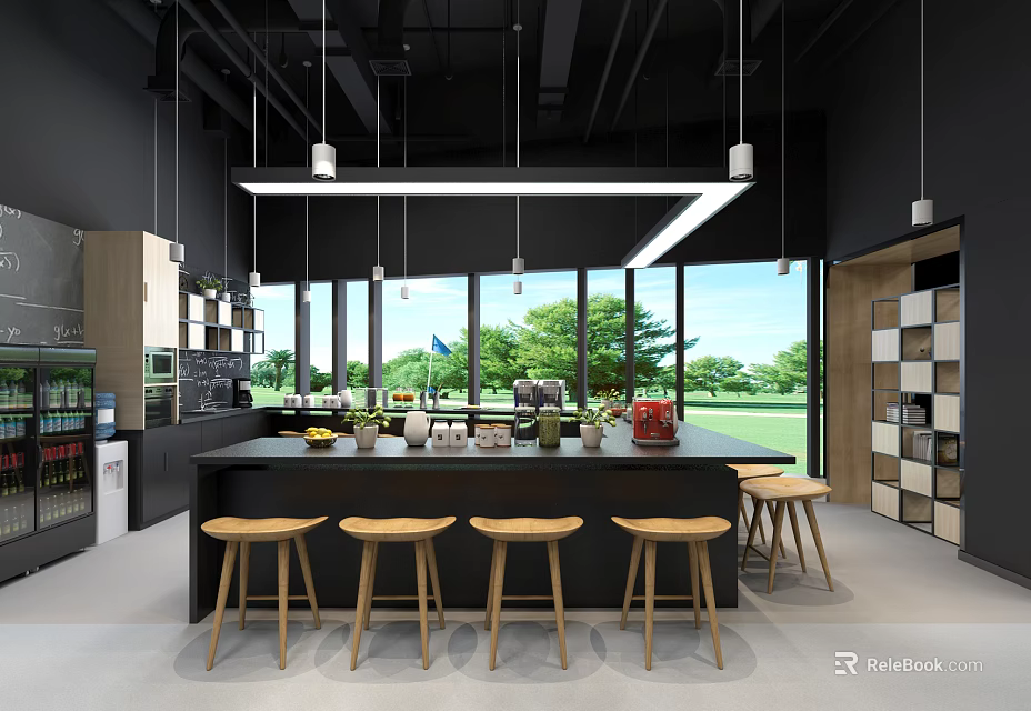 Stylish Modern Pantry Interior With Open Design Island Counter And Stools 3d model 