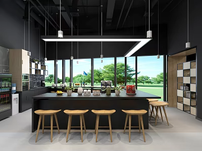 Stylish Modern Pantry Interior With Open Design Island Counter And Stools 3d model