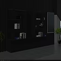 Modern File Cabinet with Multiple Shelves Drawers Black Wooden Texture and Nearby Plants TV