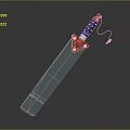 Decorative Weapon With Long Metallic Blade Blue Handle Red Accents And Yellow Pendant