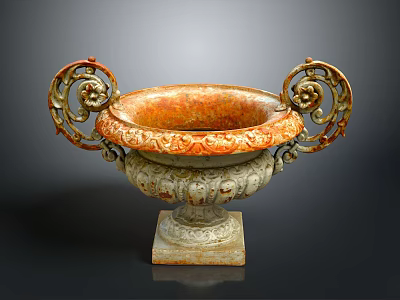 Orange and White Garden Ornament with Intricate Carvings Metal Handles and Square Base 3d model