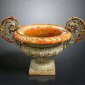 Orange and White Garden Ornament with Intricate Carvings Metal Handles and Square Base