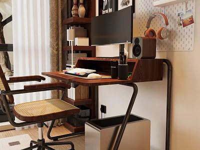 Modern Wooden Desk Setup With Office Chair Monitor Headphones And Table Lamp 3d model