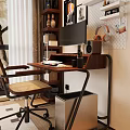 Modern Wooden Desk Setup With Office Chair Monitor Headphones And Table Lamp