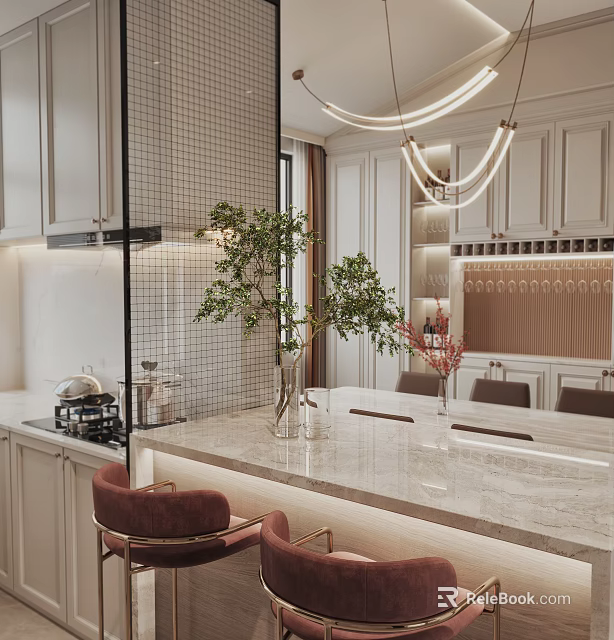 Modern Dining and Living Area With White Cabinets Marble Countertop Green Plants And Chandeliers 3d model 