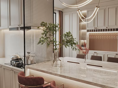 Modern Dining and Living Area With White Cabinets Marble Countertop Green Plants And Chandeliers 3d model