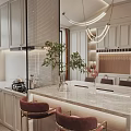 Modern Dining and Living Area With White Cabinets Marble Countertop Green Plants And Chandeliers