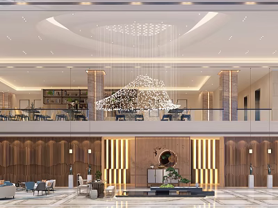 Elegant Hotel Lobby With Two Story Ceiling Chandelier Wooden Panels And Marble Flooring 3d model