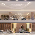 Elegant Hotel Lobby With Two Story Ceiling Chandelier Wooden Panels And Marble Flooring