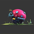 Cute Ladybug Shaped Motorcycle With Pink Shell Blue Parts On Green Grass And Small Daisies