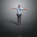 Male Police Officer in Uniform with Arms Outstretched on Gray Background