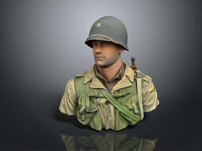 Detailed Game Movie Military Character Bust With Green Helmet Uniform And Rifle 3d model