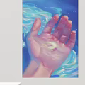 Character Painting of Hand with Glowing Light in Palm and Blue Starry Background