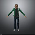 Man in Green Jacket Black Top Blue Jeans White Shoes Standing Arms Outstretched Against Gray Background