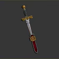 Decorative Medieval Sword With Black Hilt Golden Accents And Red Scabbard Design