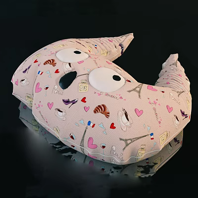 Pink Crescent Shaped Plush Doll With Heart Eiffel Tower Coffee Cup Patterns 3d model