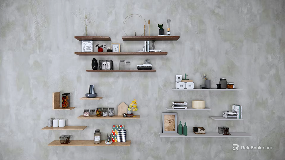 Modern Minimalist Gray Wall With Wall Mounted Shelves Displaying Decorative Items Plants Books And Mugs 3d model 