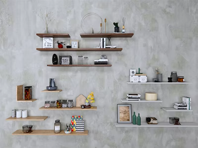 Modern Minimalist Gray Wall With Wall Mounted Shelves Displaying Decorative Items Plants Books And Mugs 3d model