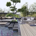 Modern Courtyard Garden With Stone Paving Circular Slabs Water Feature Greenery And Seating Area