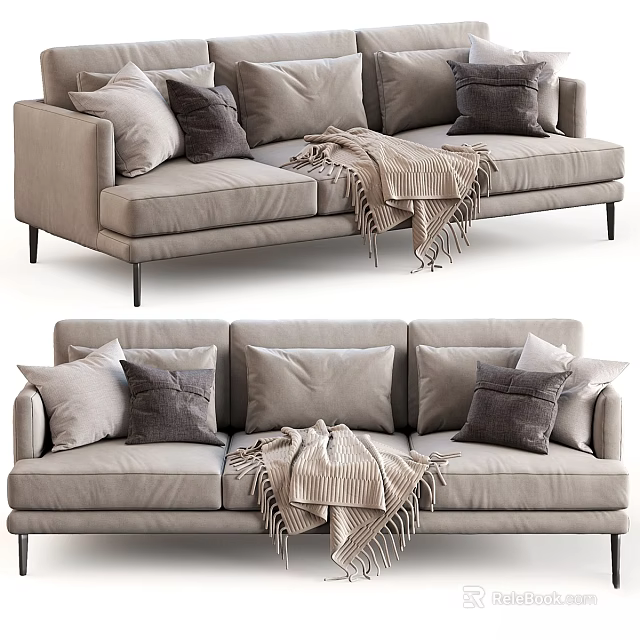 Modern Light Gray Sofa Set With Multiple Plush Throw Pillows And Cozy Knitted Blanket 3d model